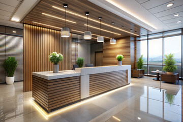 Modern Office Reception Desk With Wood Accents
