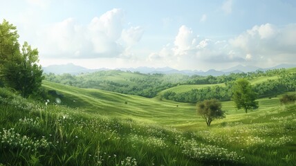 Obraz premium Idyllic Pastures and Tree-Lined Slopes. The fields are interspersed with trees, creating a picturesque rural setting.