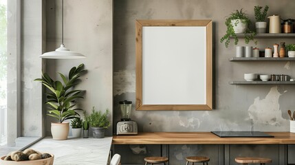 Modern kitchen interior with blank wooden frame, plants, and shelves. Ideal for home decor and design inspiration.