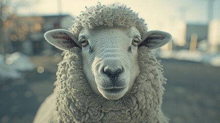 A close-up of a curious sheep with a lamb in the background in Vestmannaeyjar. The image captures the serene and tranquil atmosphere of the rural setting.
