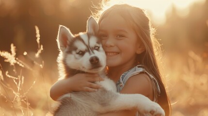 Portrait of little girl hugging a Husky dog in outdoor park - Powered by Adobe