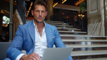 Fototapeta premium A young businessman wearing a blue suit is seated outdoors with a laptop, appearing focused and professional. The background shows modern architectural elements.