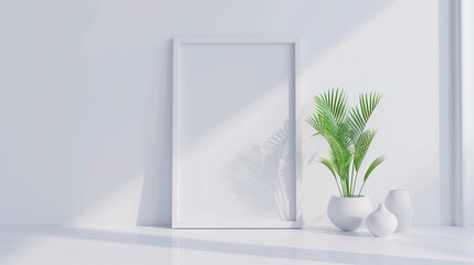 an empty picture frame in portrait orientation made of white wood, Inviting Living Room Interior with Modern Furniture, perspective of view