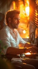 Obraz premium A person in a white shirt sits at a desk, working on a computer with intense focus, illuminated by warm golden sunlight filtering through nearby plants.
