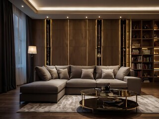Sophisticated Night Living Room Featuring Sofa, Floor Lamp, and Parquet Floor
