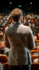Fototapeta premium A CEO is addressing the company during an annual meeting. The image is taken from behind, capturing an audience seated in rows in a large auditorium.