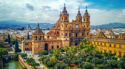 Fototapeta premium Aerial view of the Cordoba Cathedral-Mosque and the Roman bridge surrounded by lush greenery, with scenic mountains and a vibrant cityscape in the background.