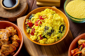 Traditional oriental lunch couscous vegetables, chicken and dried fruits