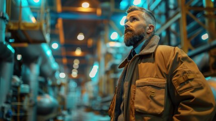 Fototapeta premium A mature businessman with a beard and a coat stands in a large, modern factory, gazing intently at the machinery and infrastructure around him.