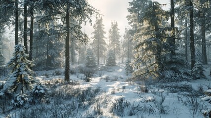 Obraz premium Sunlight Through Winter Trees. Serene snowy forest landscape.