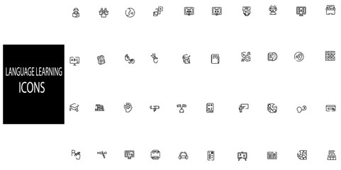 Language Learning simple concept 40 icons set.Contains such Icons as Listening Skills, Text Translation, Business Language and more.Vector illustration.