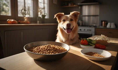 A dog is sitting at a table with a full plate of dog food on the table