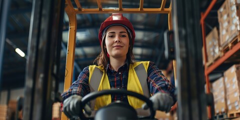Confident female worker in hard hat and safety vest operating a forklift in industrial warehouse