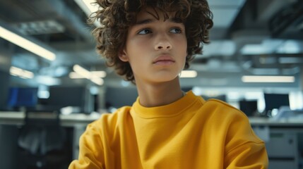 Fototapeta premium A young male with an afro hairstyle wearing a yellow sweatshirt is seated in a modern, brightly lit office environment and looking away pensively.