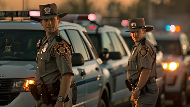 A group of highway patrol officers stood erect and smiled looking at the camera.