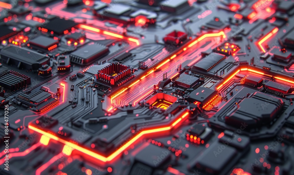 Poster close up of a microchip circuit interior of a computer with neon lights in detail, circuit board