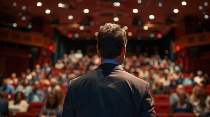 Engaged audience in a packed theater listening to a businessman's presentation, back view of the speaker, focusing on public speaking dynamics