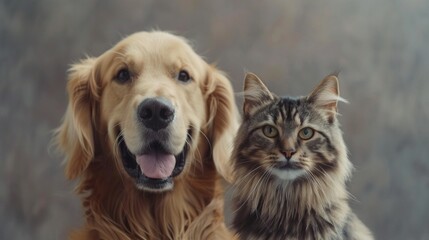Fototapeta premium Happy Golden retriever dog and blue Maine Coon cat looking at camera, Isolated on grey background