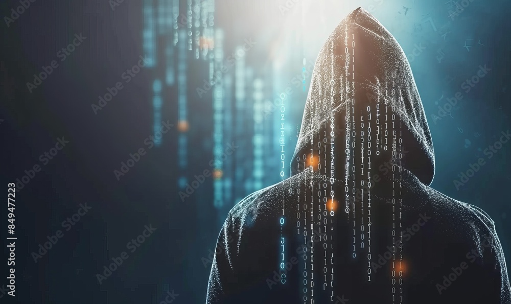 Poster a person is wearing a hoodie and standing in front of a computer screen