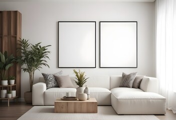 Mockup poster frames on the wall of the dining room. Modern Interior mockup. Apartment background. Modern Japandi interior design. 3D render