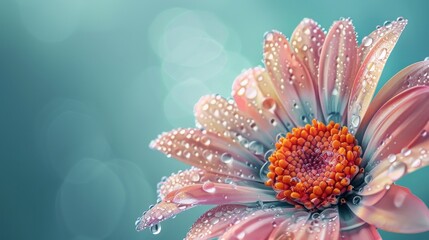 Flower in bloom with dewdrops, intricate petal details, and a vibrant center, framed by a soft teal background