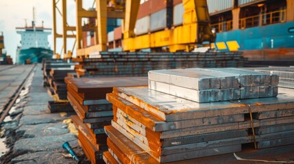 Naklejka premium Port warehouse and vessel boarding - mooring operations in seaport. Global shipping and delivery