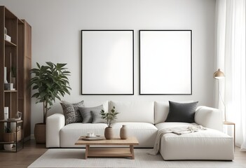 Mockup poster frames on the wall of the dining room. Modern Interior mockup. Apartment background. Modern Japandi interior design. 3D render