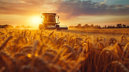 Fototapeta premium Golden wheat field at sunset with combine harvester and tractor, summer harvest silhouette