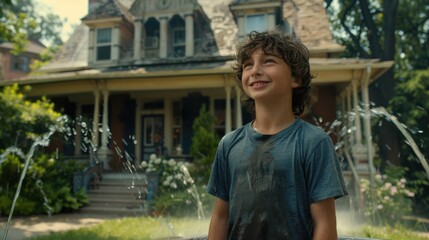 A young boy with a joyful smile stands in front of a water sprinkler, with a historic, beautiful house in the background.