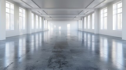 Fototapeta premium A spacious, empty room with white walls, tall windows, and a bare concrete floor. The room is well-lit by natural light streaming through the windows.