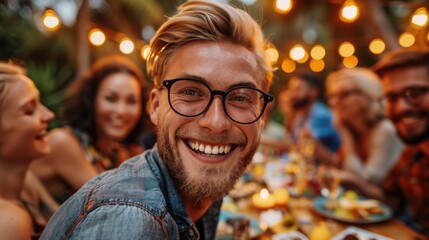 Fototapeta premium A cheerful mid-adult man with glasses is smiling and looking away while having lunch at an outdoor gathering with friends under festive string lights.