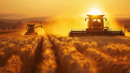 Fototapeta premium Harvesting wheat at sunset, Combine and tractor in golden field, stunning silhouette scene