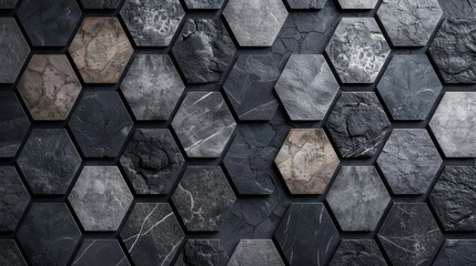 Hexagonal tiles arranged in a seamless pattern, minimalist black and grey texture, top view, smooth surface, subtle shadows, elegant design