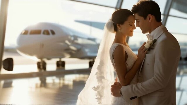 Just married young couple hugging near private plane. Attractive woman in wedding dress and man in suit in airport near airplane. Waiting for honeymoon tourney or romantic journey.
