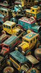 An assortment of colorful, vintage tin toy cars is displayed. The toys are intricately detailed, evoking a nostalgic, cinematic feel from a bygone era.