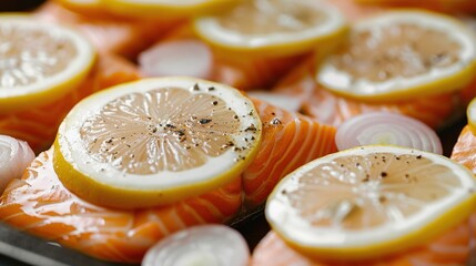A close-up of fresh salmon fillets topped with lemon slices and onion rings, showcasing their vibrant colors and freshness.