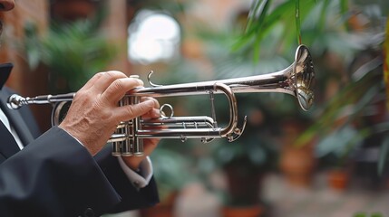 A one-armed male trumpeter is intensely engaged in playing his instrument against a backdrop of greenery. The image captures his dedication and focus.