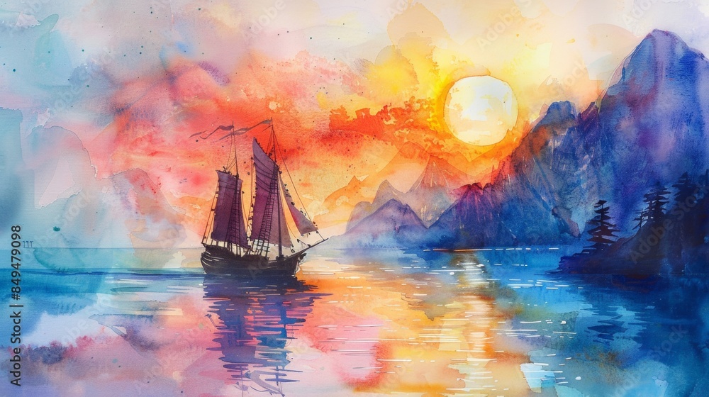 Wall mural sailing ship in sea water at sunset. - Wall murals