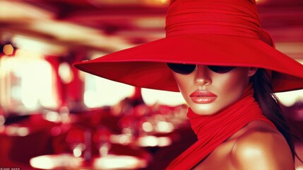 A model dressed in vintage glamour within a retro studio setting, featuring a wide-brimmed red hat, sunglasses, and striking red lipstick. © neatlynatly