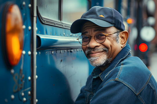Cheerful senior postal worker with a friendly smile poses for a portrait against his blue delivery truck on national postal worker day, showcasing the human face of daily mail service