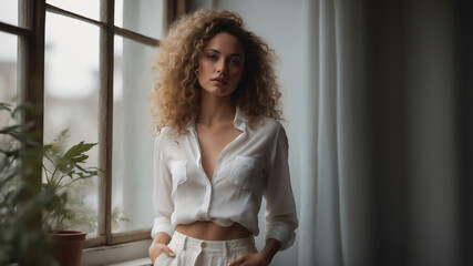 Fototapeta premium Elegant Portrait of a Woman with Curly Hair in White Shirt and Trousers by the Window with Soft Natural Light