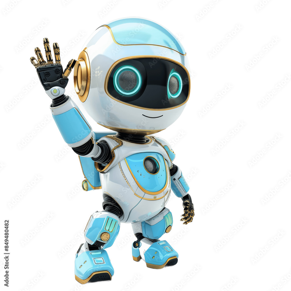 Poster friendly cute robot with hand up chatbot mascot on white transparent background ai artificial intell