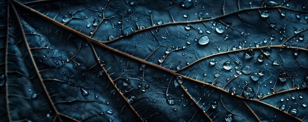 Fototapeta premium Close-up of leaf veins with water droplets showing intricate natural texture