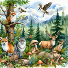 Fototapeta premium A watercolor vector illustration of forest animals in a wild nature setting.