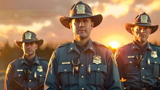 A group of highway patrol officers stood erect and smiled looking at the camera.