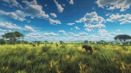 Fototapeta premium A herd of wildebeest graze under a clear blue sky. The wide-open savanna stretches as far as the eye can see.