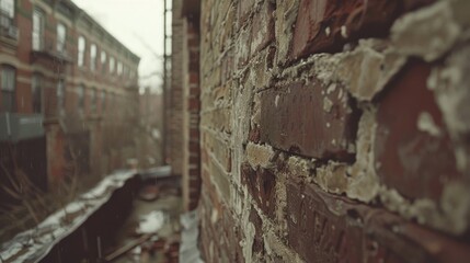 A close-up view of a weathered brick wall with residential buildings visible in the blurred background, depicting urban decay and architectural texture.