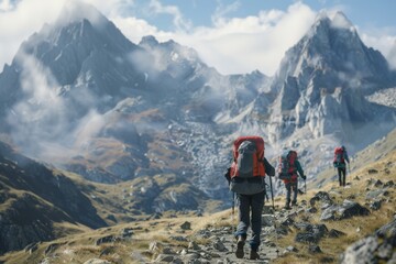 A group of hikers traversing through a challenging mountain landscape with backpacks and hiking poles.