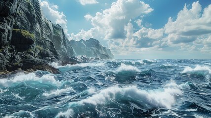 Fototapeta premium Jagged coastal rocks stand firm against crashing waves. The powerful sea contrasts with the calm sky.