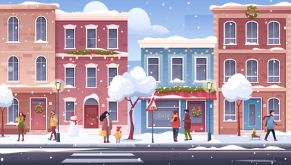 Winter city street. Urban building scene view with houses, walking people, trees, roadway, apartment exterior, cafe. Horizontal cityscape. Town landscape with buildings. Snowy holiday banner